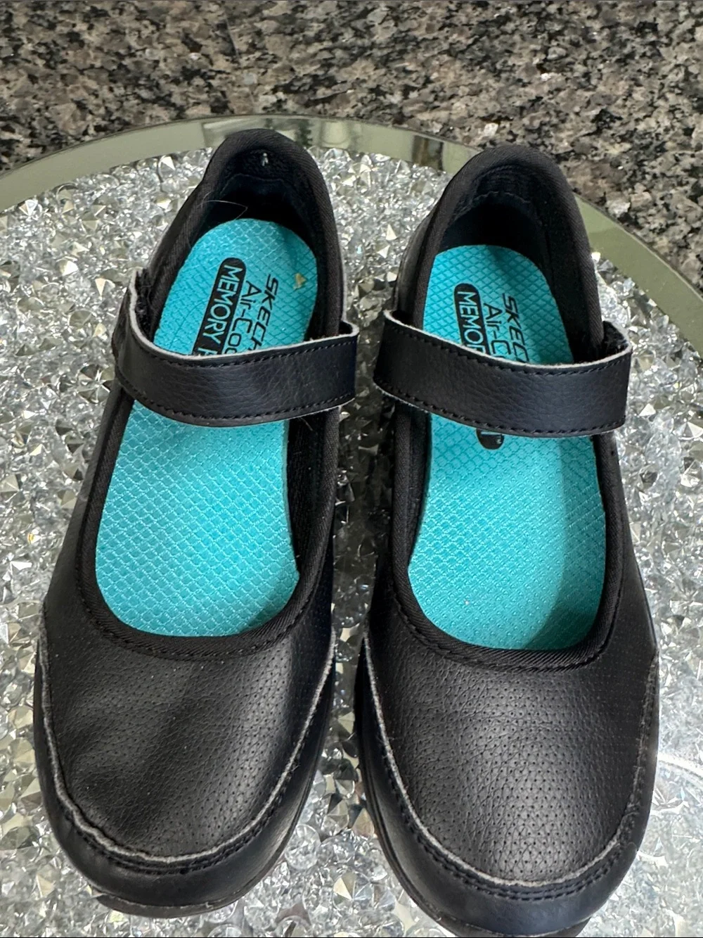Skechers Black Mary Jane Slip-On with Teal Insole EUC 13.5